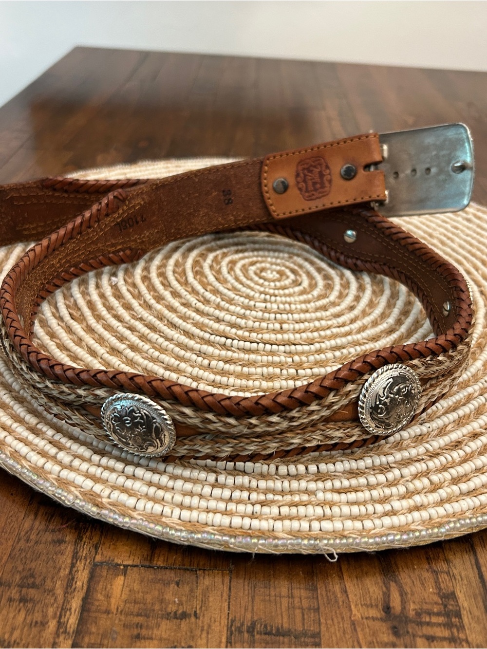 Vintage Tony Lama Brown Leather Braided Belt with Silver Concho Buckle - Picture 4 of 6
